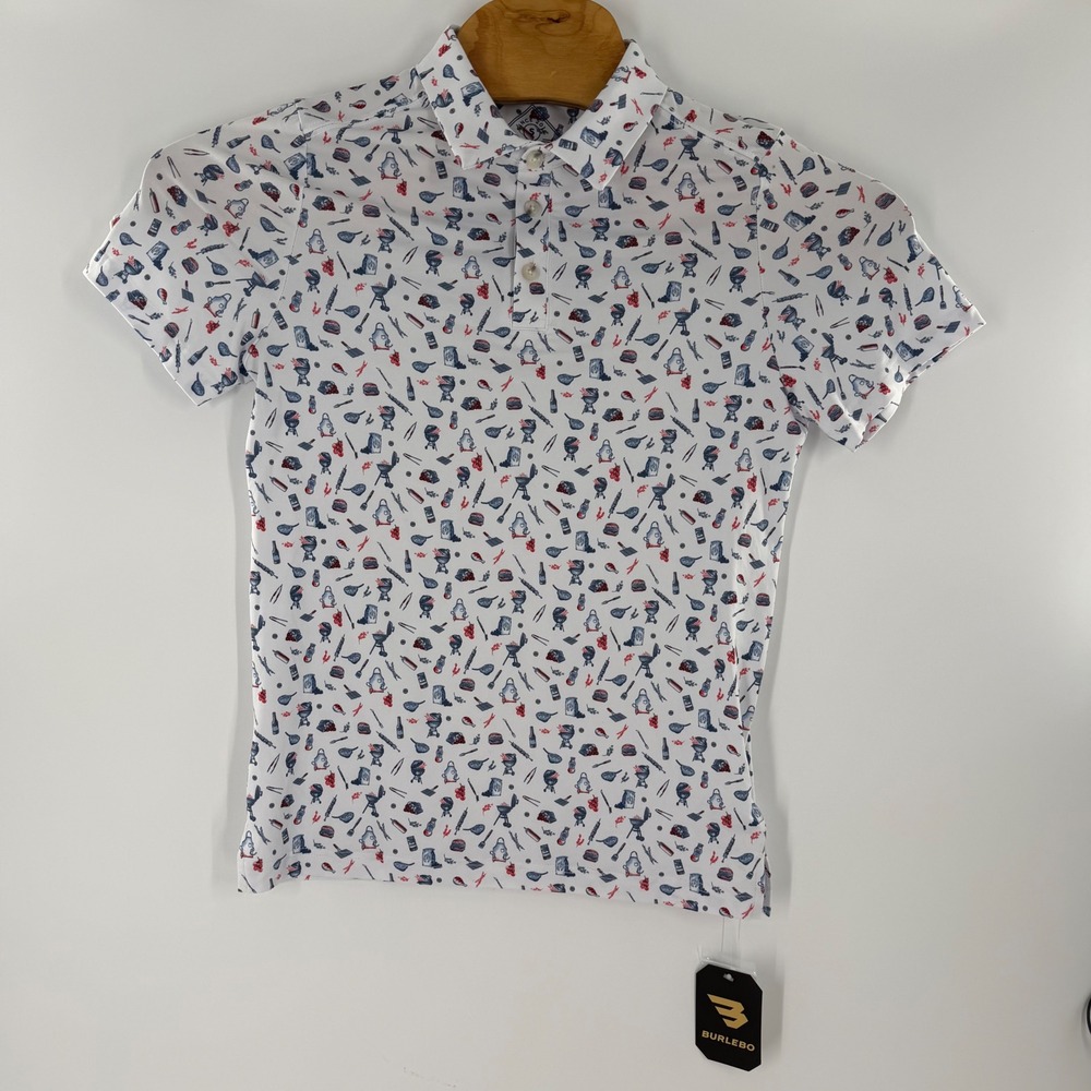 Burlebo Mens BBQ Grill Print Performance Polo Shirt White Blue Red Small NWT